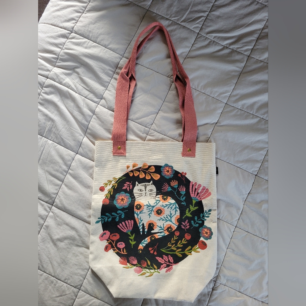 Danica Studio Floral Cat Canvas Tote Bag